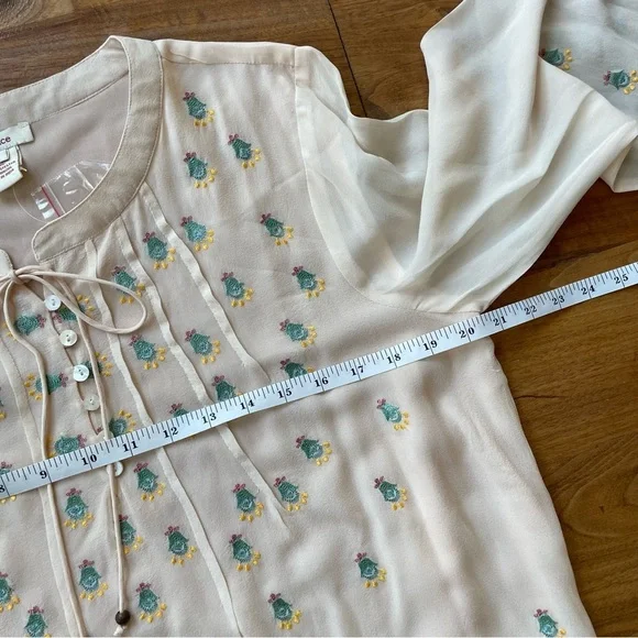 Sundance Embroidered Boho Silk Long Sleeve Peasant Blouse with Tie Neck - Picture 10 of 13